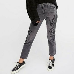 Free People Gray Embroidered Girlfriend High Rise Frayed Hem Straight Jeans